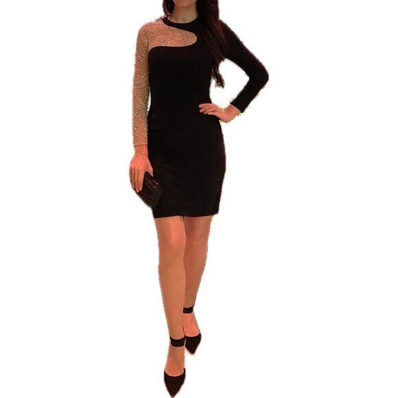 Xscape Illusion Bodycon Dress Black Nude AsymmetricalRuched Sheath 8 M - Picture 1 of 11